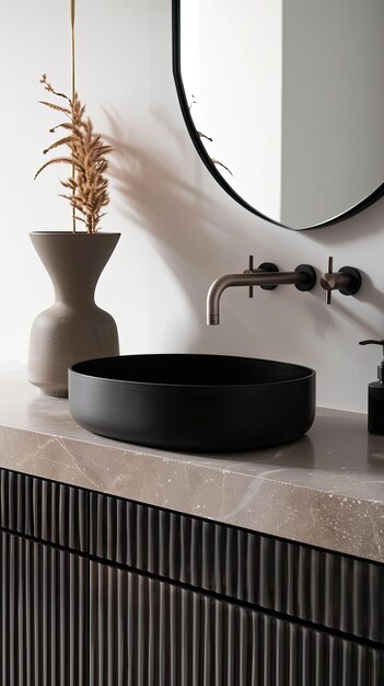 a sink with a black bowl next to it