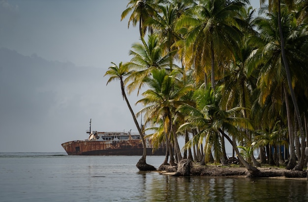 Sink wrecked, rusty ship lie down in the sea near tropical island with palm tree. Concept of adventure and travel .