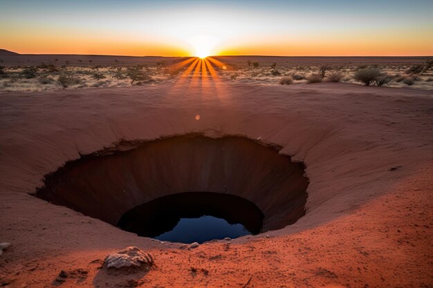 Sinkhole in a desert with the sun setting over the horizon created with generative ai