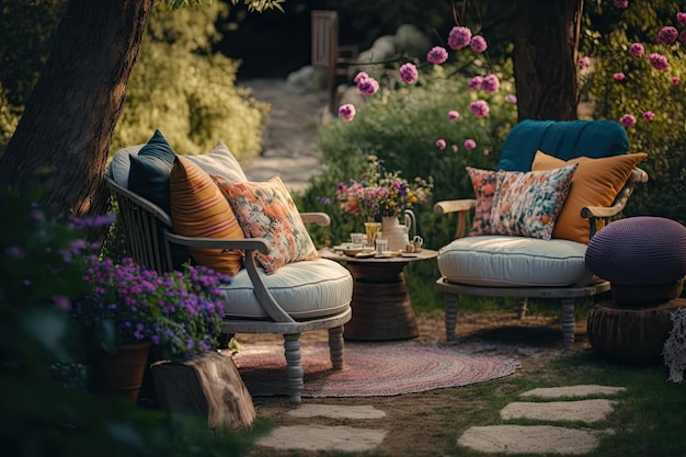 아늑한 뒤뜰의 밝은 정원에 있는 파티오에 쿠션이 있는 가라앉는 의자