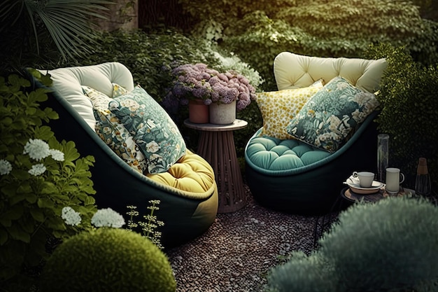 Sinking chairs with cushions on patio in bright garden of cozy backyard