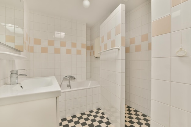 Sinks and bathtub near shower cabin