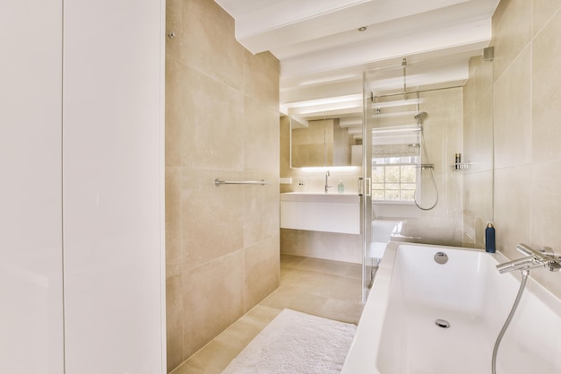 Sinks and bathtub near shower cabin