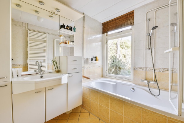 Sinks and bathtub near shower cabin