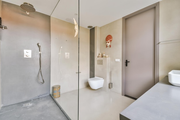 Sinks and toilet near shower cabin