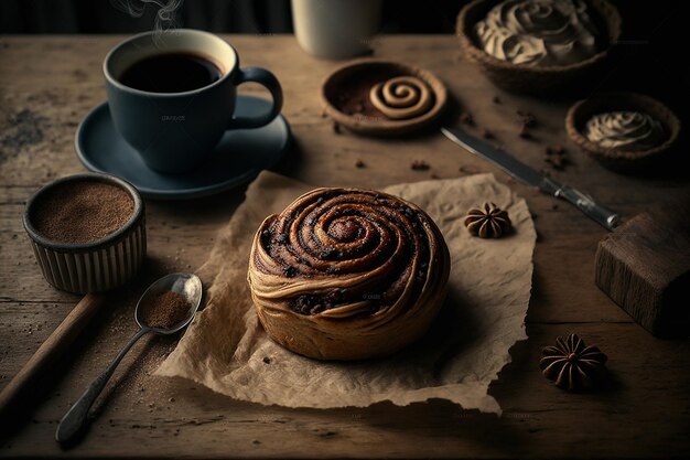 Sinnamon bun and coffee Illustration Generative AI