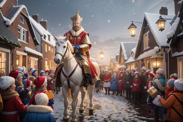 Photo sinterklaas arriving in a snowy dutch village on a white horse sinterklaas with white horse