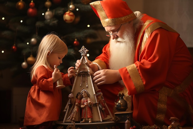 クリスマスの飾り付けをするシンタークラースと子供たち