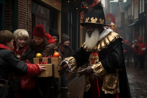 Foto sinterklaas en zwarte piet bezorgen cadeautjes