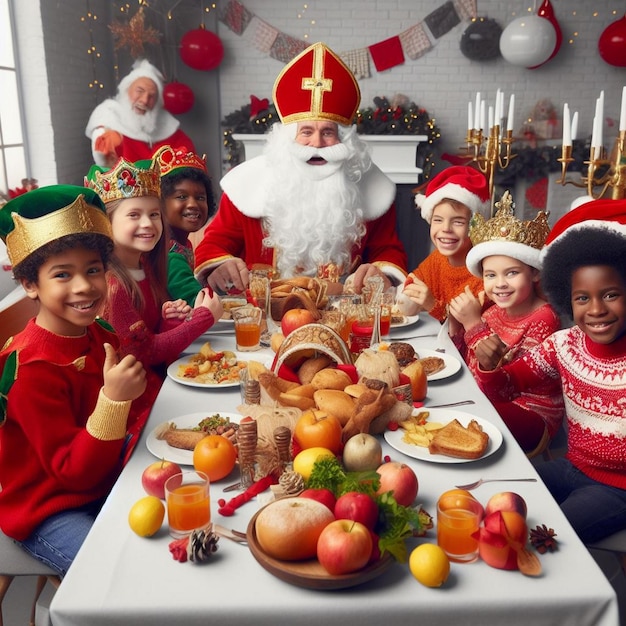 Sinterklaas enjoying a festive mean with children Sinterklaas eating food with children