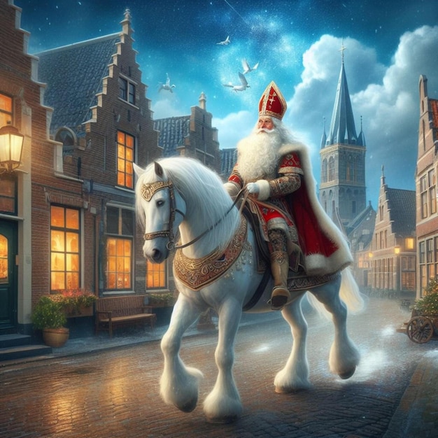 Sinterklaas and His White Horse Amerigo in the quaint Dutch town and green forest