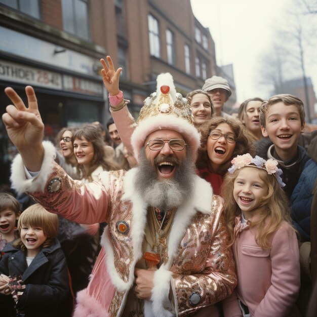 Foto sinterklaas is blij met kinderen op de weg.