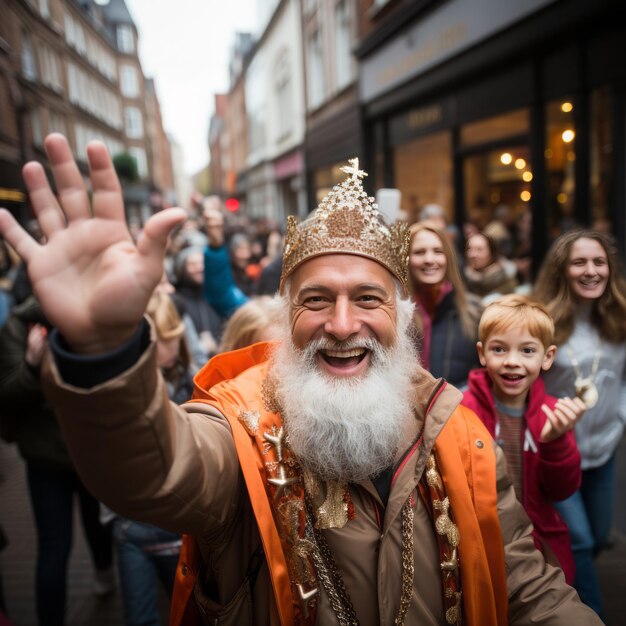 Foto sinterklaas is blij met kinderen op de weg.