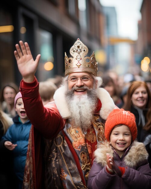 Foto sinterklaas is blij met kinderen op de weg.