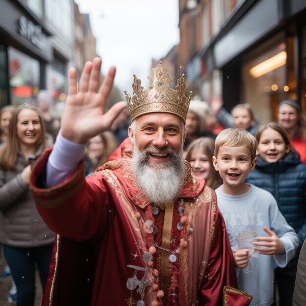 Foto sinterklaas è felice con i bambini sulla strada