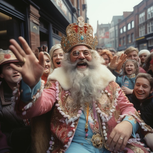 Foto sinterklaas è felice con i bambini sulla strada