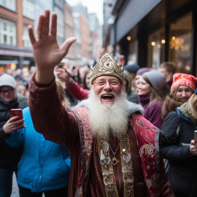 Foto sinterklaas è felice con i bambini sulla strada