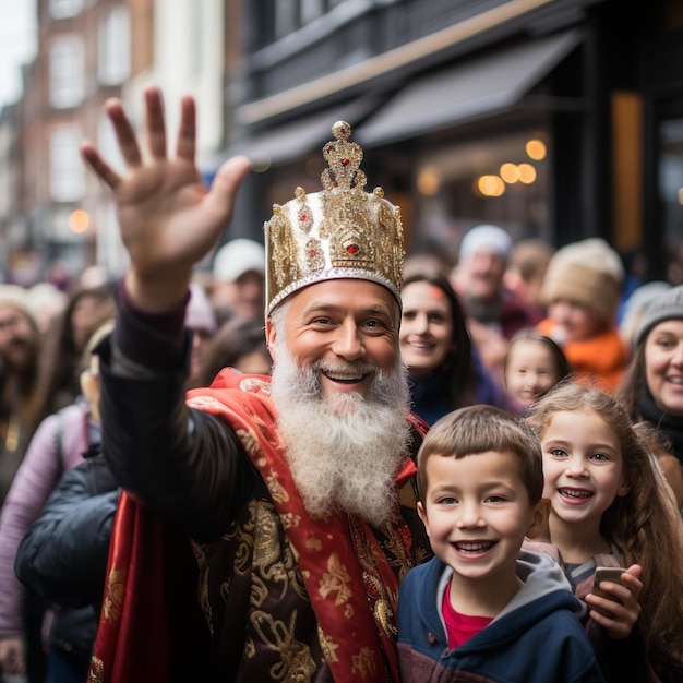 Foto sinterklaas è felice con i bambini sulla strada