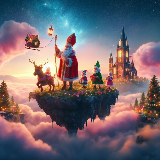 Sinterklaas on a magical floating island in the sky sinterklaas delivering presents to children