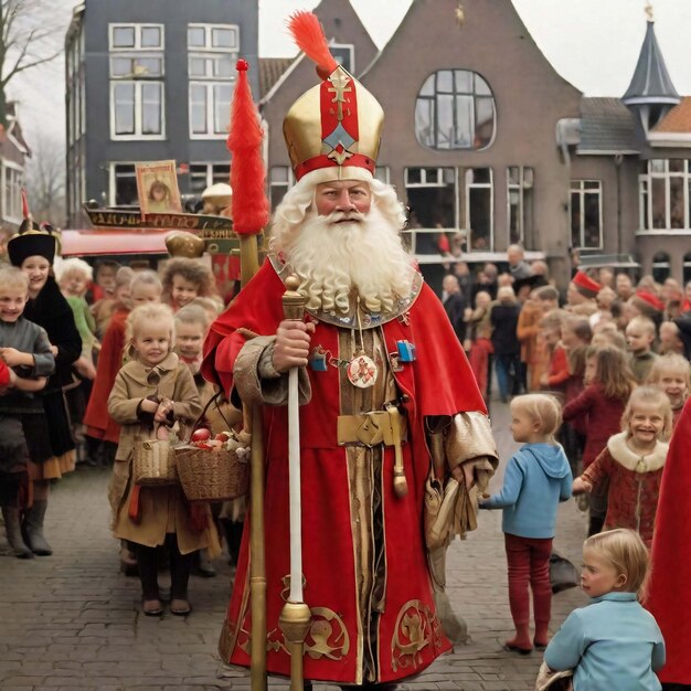 Sinterklaas or saint Nicholas holding blank cardboard isolated on white background Dutch character