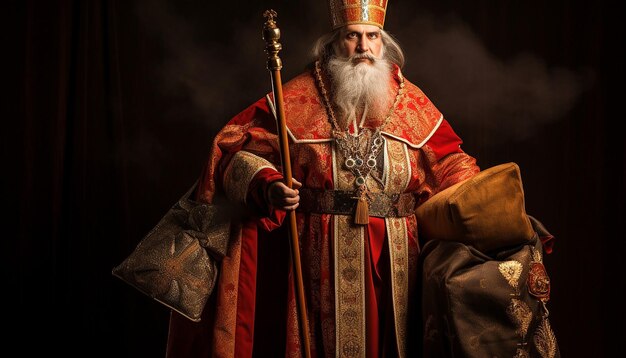 Sinterklaas with staff and bag in Russian Orthodox priest clothing