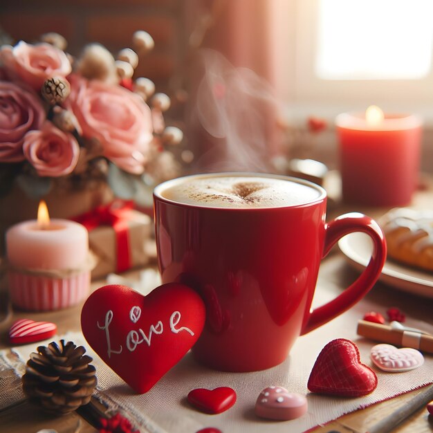 Sip of Love Red Coffee Mug on Valentines Mode Table