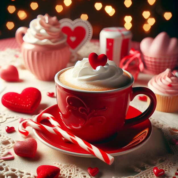 Photo sip of love red coffee mug on valentines mode table