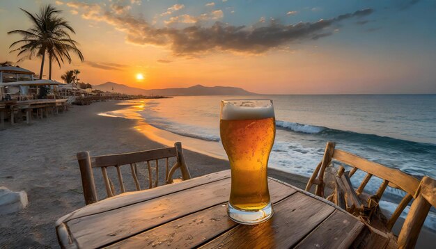 写真 新鮮なビールを飲みビーチカフェで素晴らしい夕暮れを眺めるのを待っています