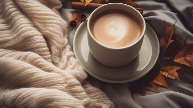 Sipping coffee and lighting a candle on a rustic wooden tray while knitting a cozy wool sweater on a fall weekend viewed from above