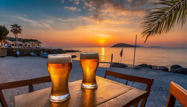 Foto sorbendo una birra fresca in attesa di ammirare il fantastico tramonto sul caffè sulla spiaggia