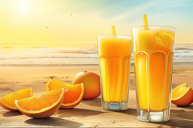 Sipping juice at a beach depicted in photorealistic art hues of yellow and orange Generative AI