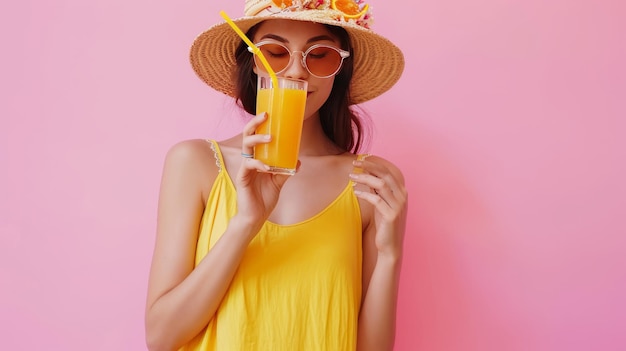 달콤한 여름 분위기를 마시며 매혹적인 소녀가 상쾌한 오렌지 주스를 즐깁니다.