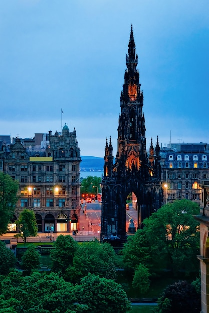 Sir Walter Scott Monument at Edinburgh in Scotland in the UK at night.