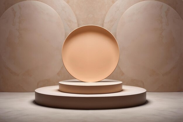 Sircle stands on a podium beige abstract background made of round arches Generative AI