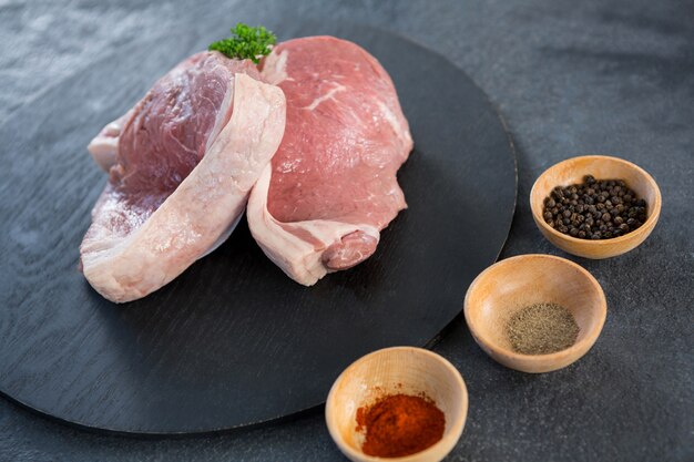 Sirloin chop and bowls of spices