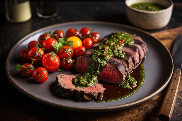 Sirloin steak cooked Argentinean style with green chimichurri sauce and grilled cherry tomatoes