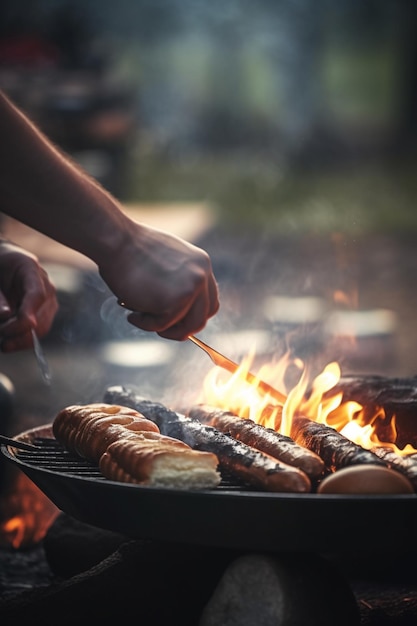 Sissend hete close-up van barbecue met open vuur op de camping