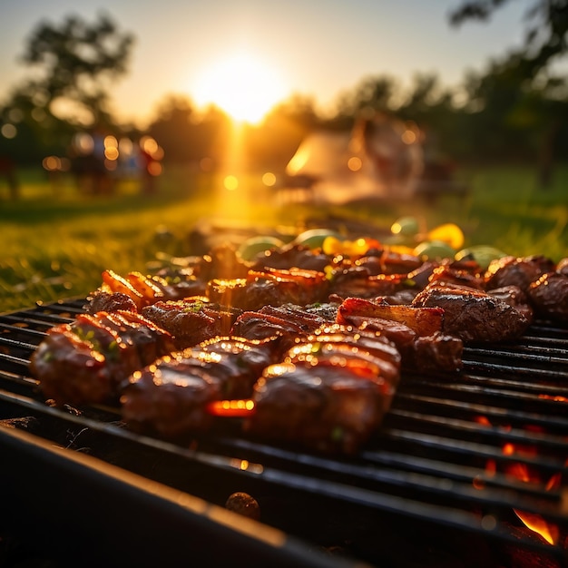 Sissende BBQ-verrukking Close-upfoto van gegrild vlees