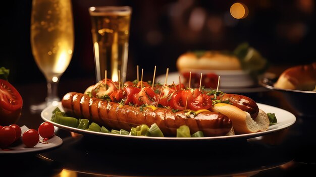 Sissende hotdog op een bord Heerlijke gegrilde worst met smakelijke toppings