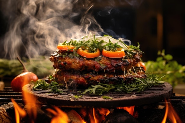 Sissende vegetarische burger op een grill met rook