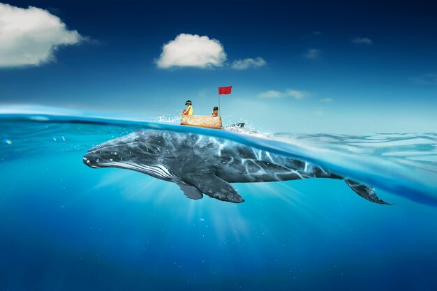写真 姉妹海旅行段ボール船とクジラと海で抽象的な夢旅行と成功の概念