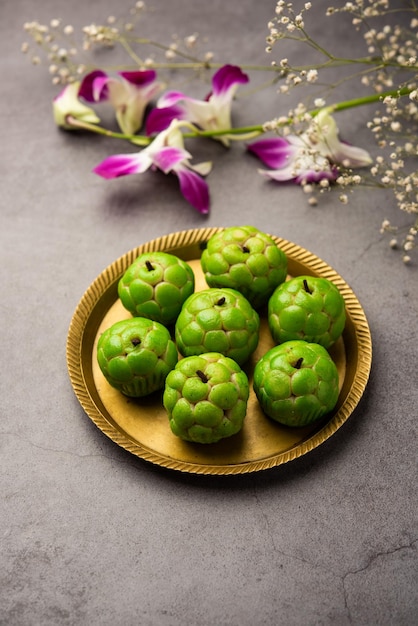 Sitafal peda or pera or custard apple shape designer sweet mithai barfi or burfi