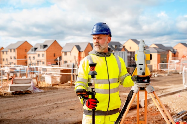 Site engineer in hiviz working on house building construction site using modern surveying equipment