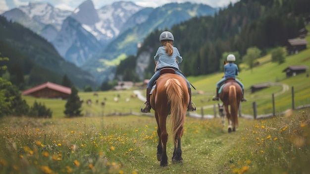 オーストリアのアルプス山脈で馬に乗る子供たち
