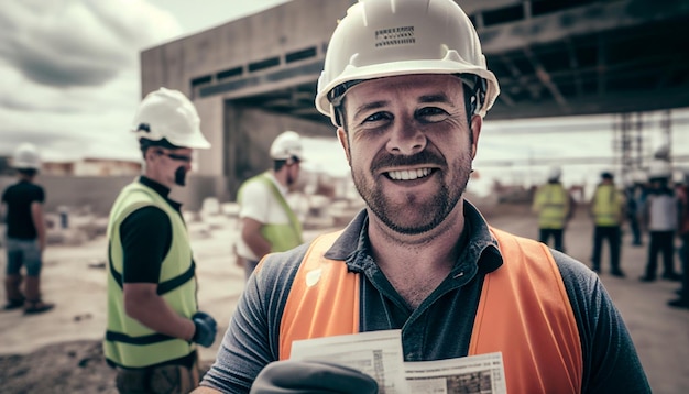 Site manager content Putting on a hat and gloves The hand is carrying a piece of paper Background of a construction site Generative AI