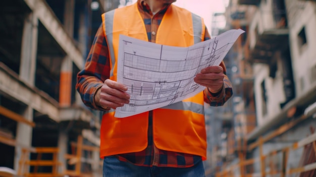 A site manager in orange work vest is focused on reviewing architectural plans at a construction sit