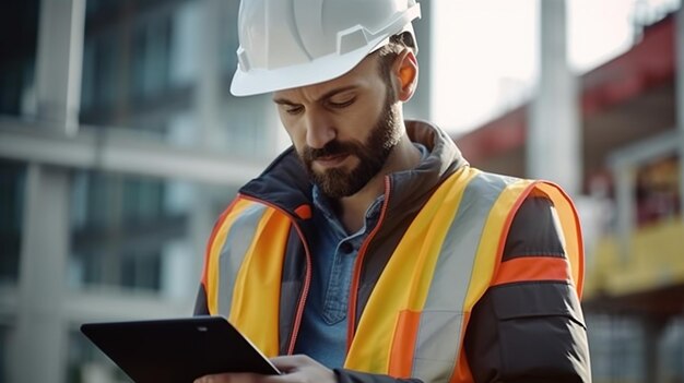 Site supervisor checking tablet at construction site Generative AI