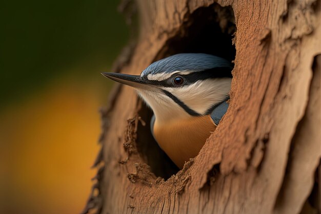 시타 유로파에아 (Sitta europaea) 는 나무 구에서 조심스럽게 나온다