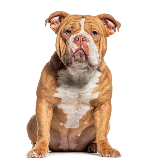 Sitting American Bully dog looking at camera isolated on white