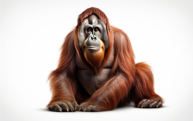 白い背景に分離された美しい茶色のオランウータン猿に座って